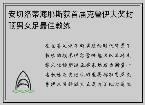 安切洛蒂海耶斯获首届克鲁伊夫奖封顶男女足最佳教练 安切洛蒂海耶斯获首届克鲁伊夫奖封顶男女足最佳教练